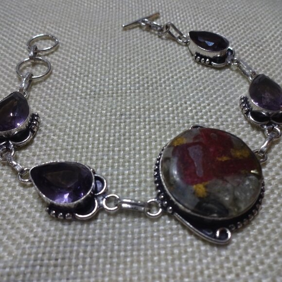 Gorgeous OYSTER TURQUOISE & AMETHYST Handmade Sterling Bracelet Size 7 3/4" 968B - Picture 1 of 3